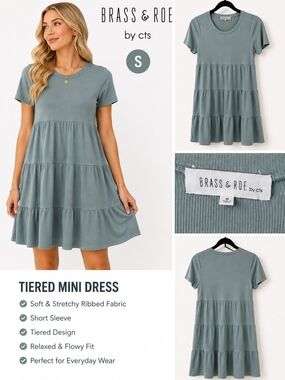 Brass & Roe Sage Green Tiered Mini Dress